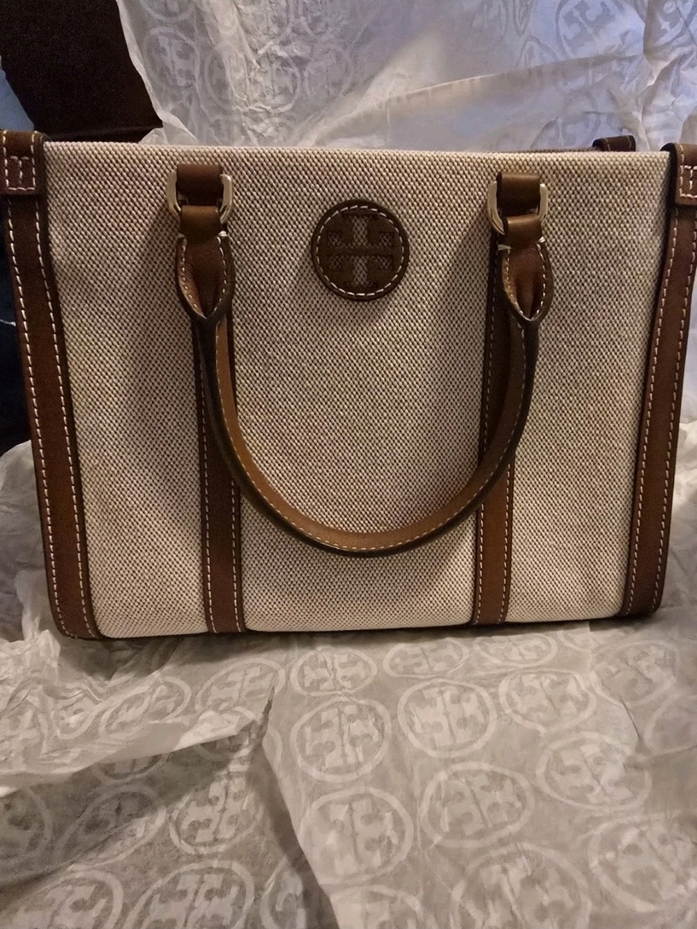Tory Burch Blake Canvas Classic Cuoio Small Tote Natural & Tan Style 145356 New - Picture 4 of 11